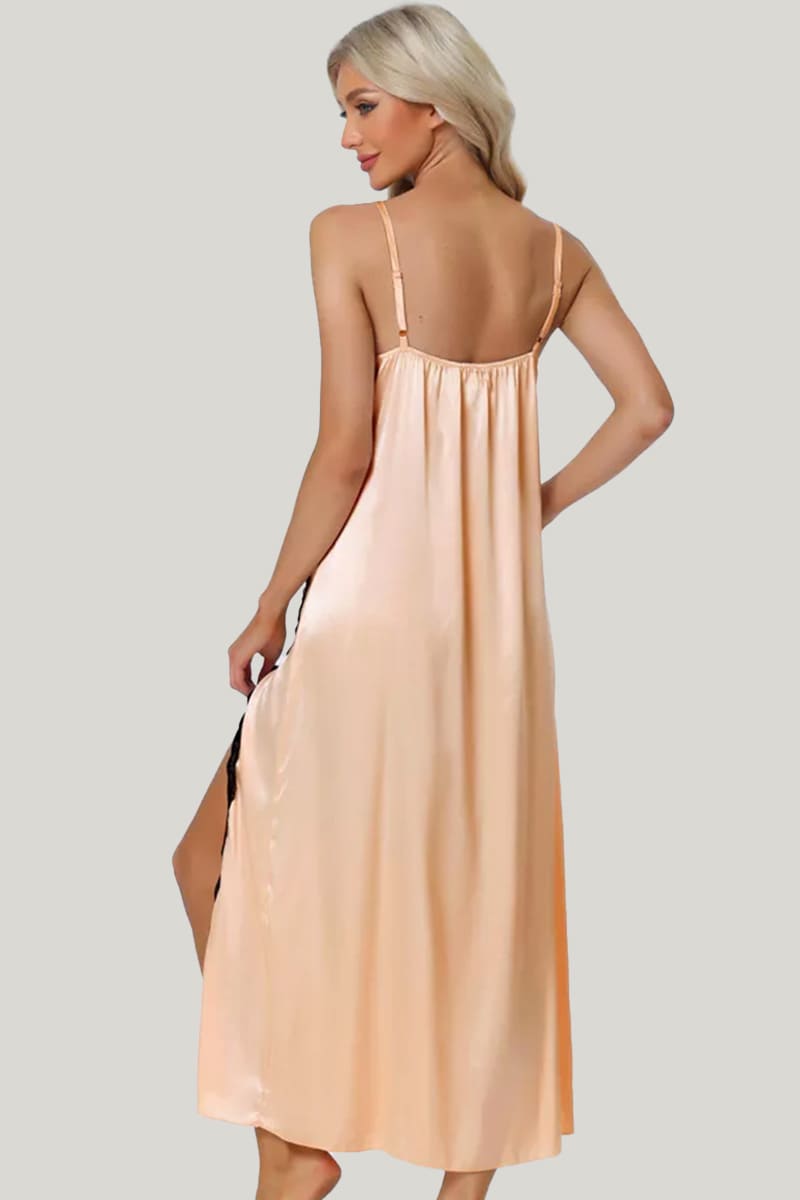 Women'S Camisole Silk Hot Nightdress, Lace Trim Side Slit Suspender Nightdress
