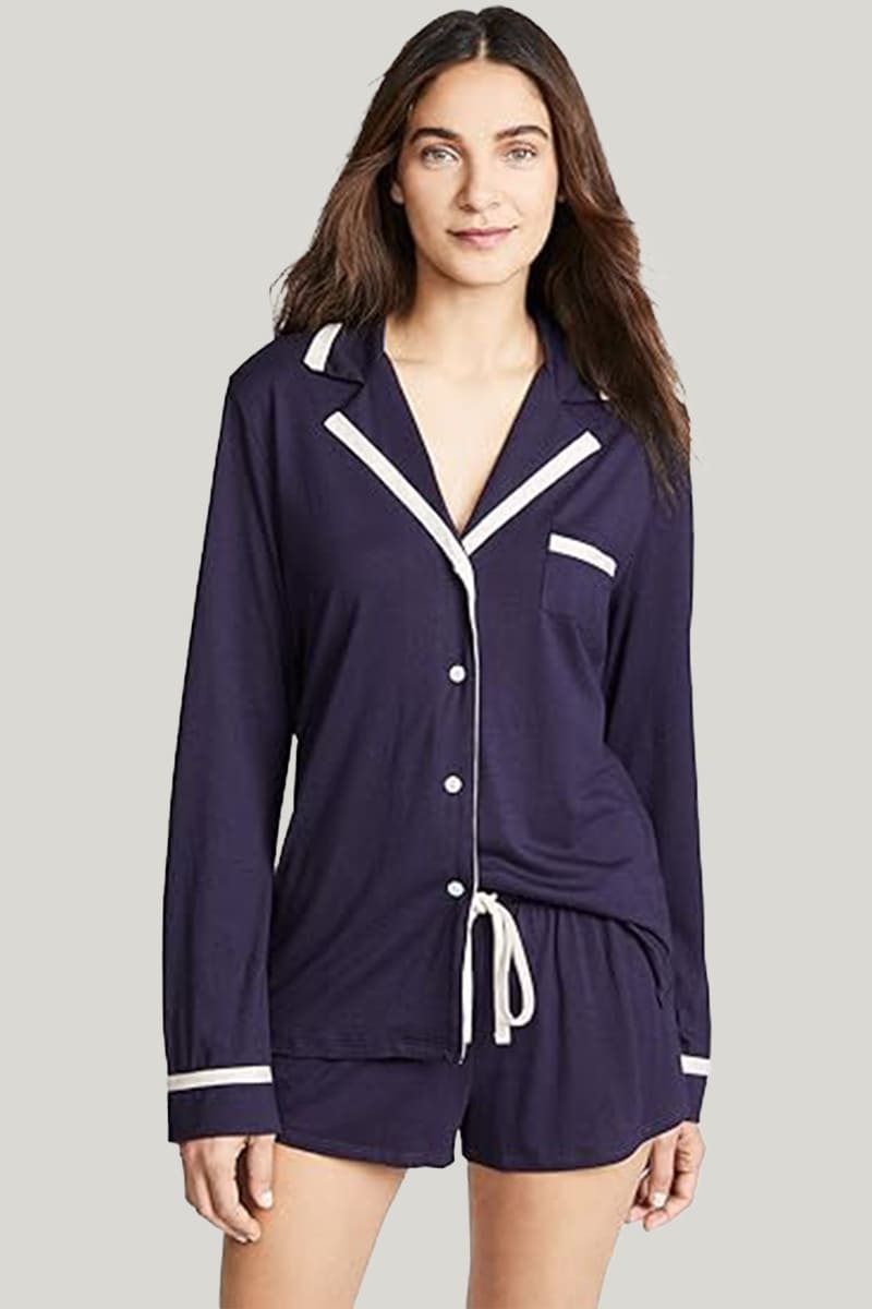 All-Over Print Women's Long Sleeve Pajama Set With Black Contrast Piping main image 1