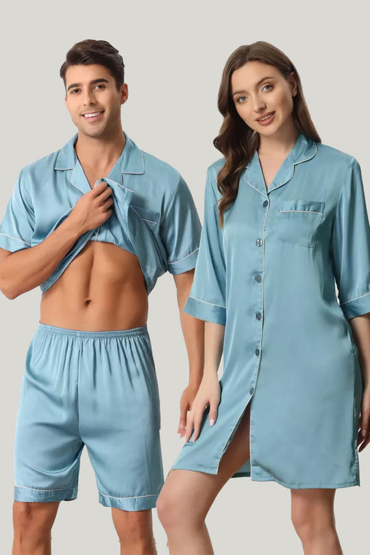 Soft Antibacterial Silk Smooth Satin Silk Couple Pajamas Set