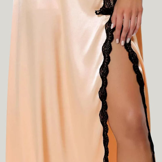 Elegant Classic Women'S Camisole Silk Nightdress, Lace Trim Side Slit Suspender Nightdress