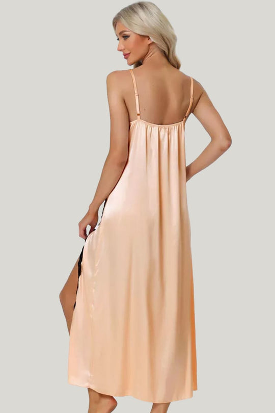 Elegant Classic Women'S Camisole Silk Nightdress, Lace Trim Side Slit Suspender Nightdress