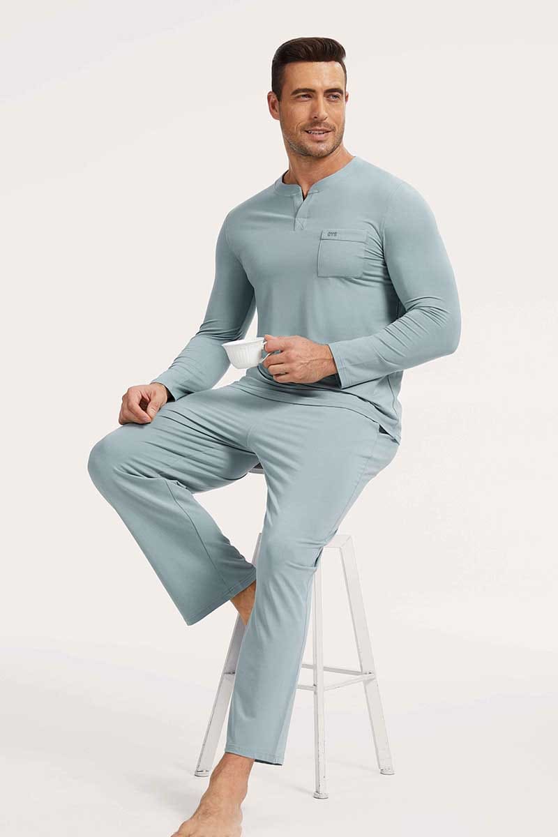 Private Label Bamboo Cotton Men V-neck Long Pajama Set Factory