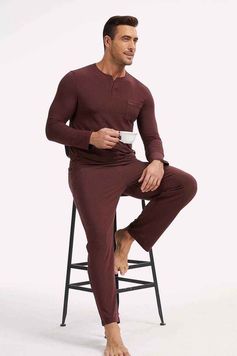 Wholesale Bamboo Cotton Men V-neck Long Pajama Set Factory