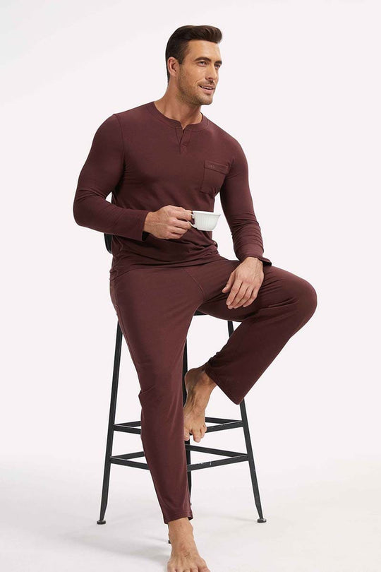 Wholesale Bamboo Cotton Men V-neck Long Pajama Set Factory