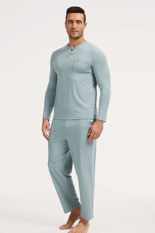 Private Label Bamboo Cotton Men V-neck Long Pajama Set Factory