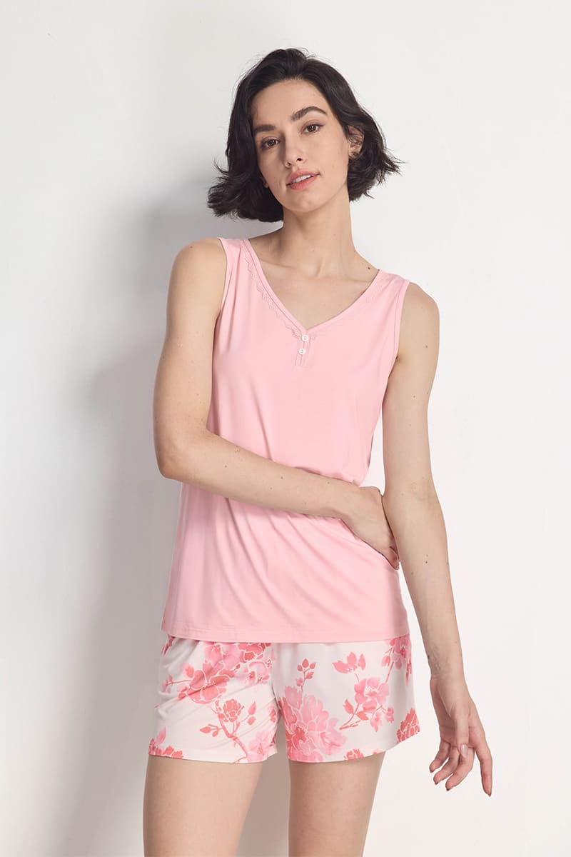 Private Label Bamboo Lace-Trim V-Neck Lounge Tank & Shorts Set Factory