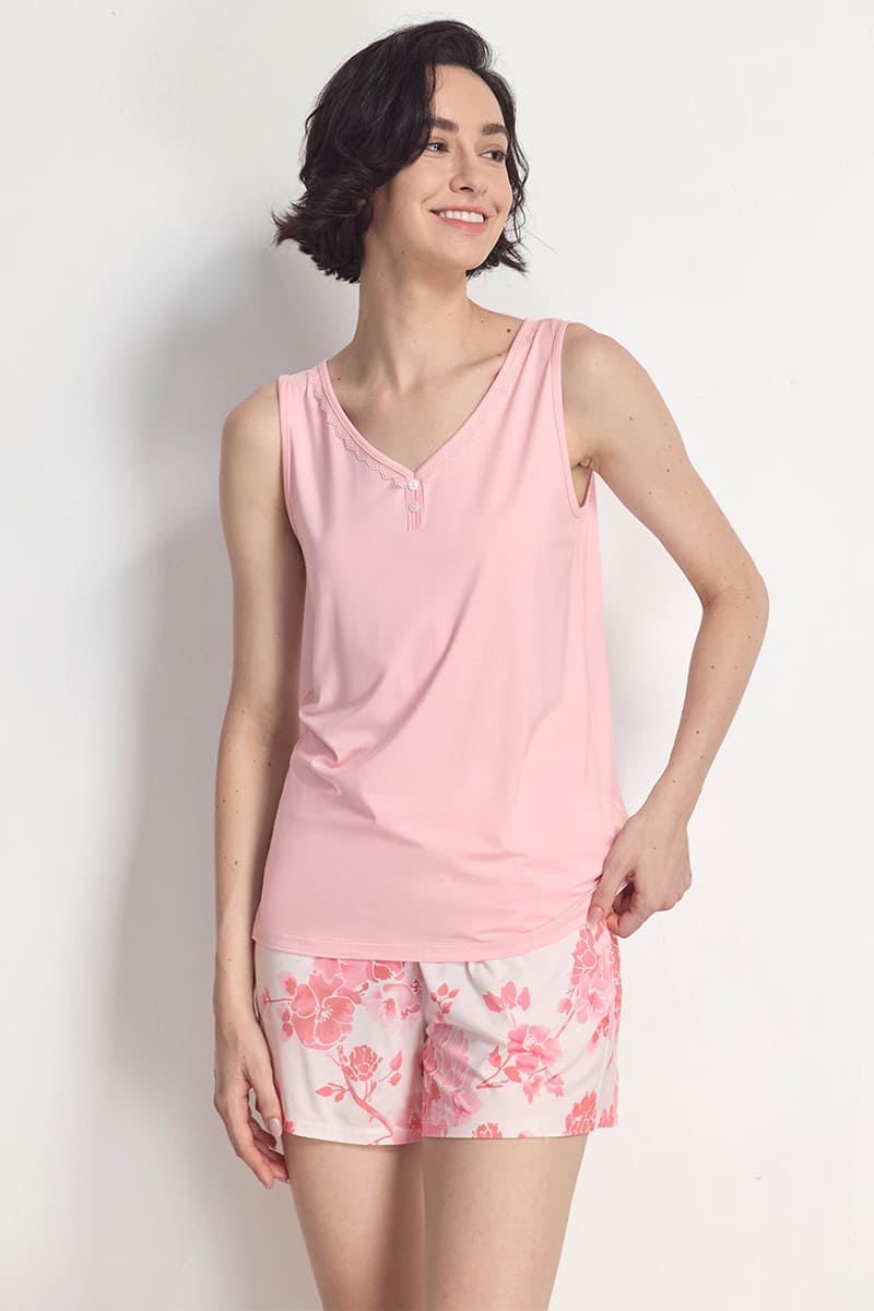 Private Label Bamboo Lace-Trim V-Neck Lounge Tank & Shorts Set Factory