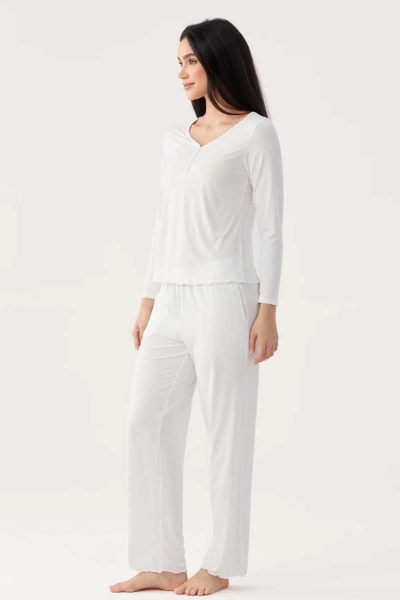 CustomIized Bamboo Ribbed V-neck Long Sleeve Sleepwear Set with Buttons