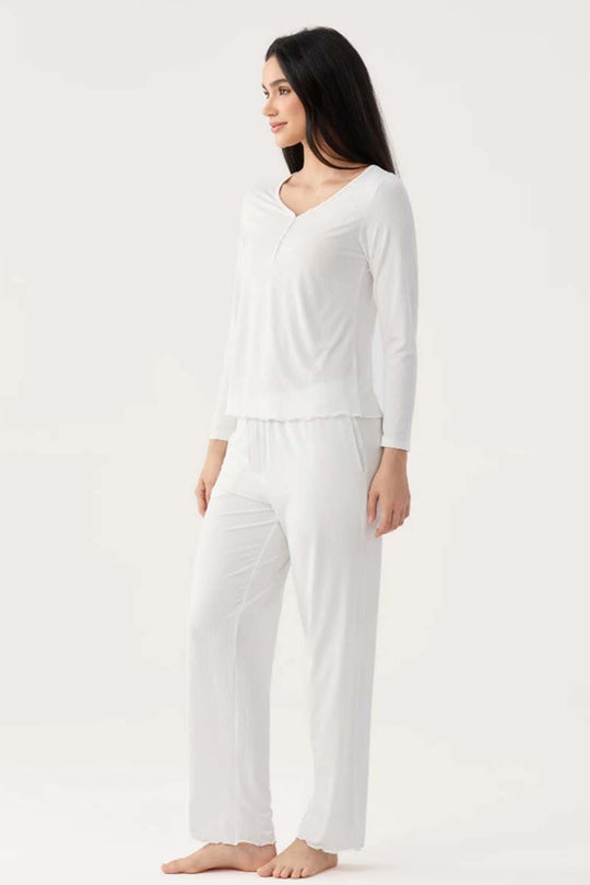 CustomIized Bamboo Ribbed V-neck Long Sleeve Sleepwear Set with Buttons