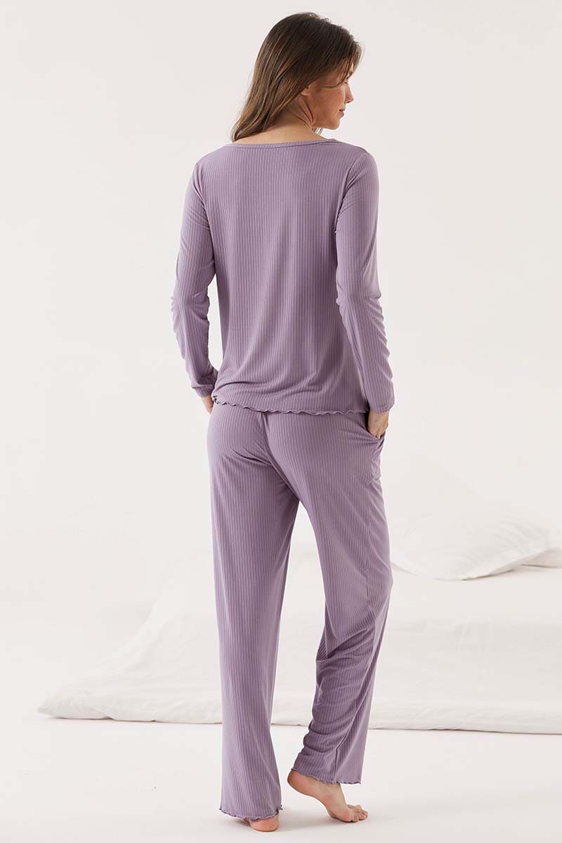 Private Label Bamboo Ribbed V-neck Long Sleeve Sleepwear Set with Buttons