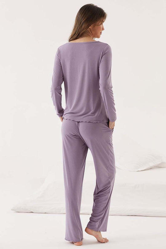 Private Label Bamboo Ribbed V-neck Long Sleeve Sleepwear Set with Buttons