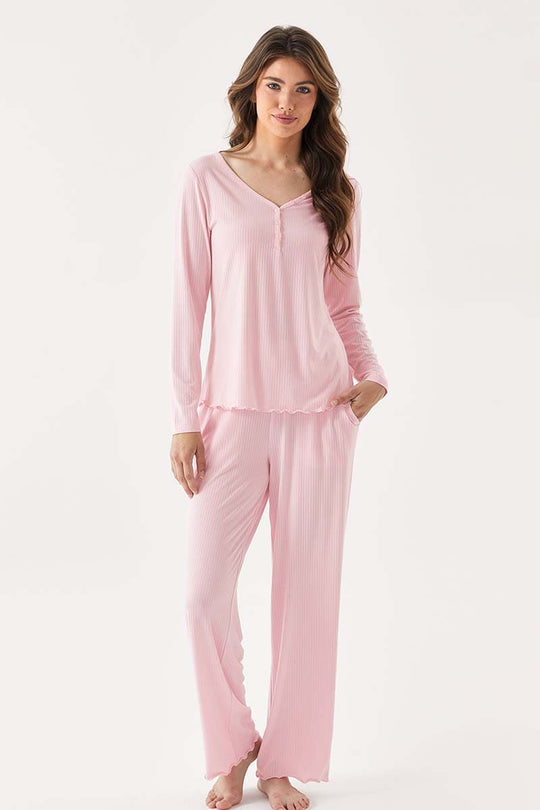 Wholesale Bamboo Ribbed V-neck Long Sleeve Sleepwear Set with Buttons