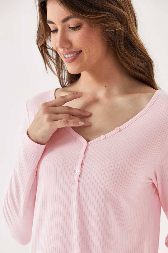 Wholesale Bamboo Ribbed V-neck Long Sleeve Sleepwear Set with Buttons