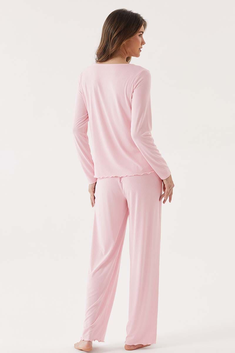Wholesale Bamboo Ribbed V-neck Long Sleeve Sleepwear Set with Buttons