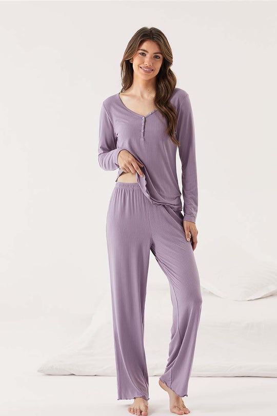 Private Label Bamboo Ribbed V-neck Long Sleeve Sleepwear Set with Buttons