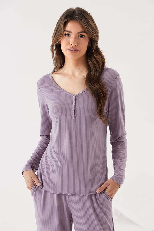 Private Label Bamboo Ribbed V-neck Long Sleeve Sleepwear Set with Buttons