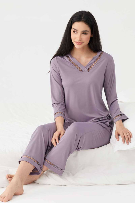 Private Label Bamboo Soft Touch  Hollow-out Sleepwear Set Factory