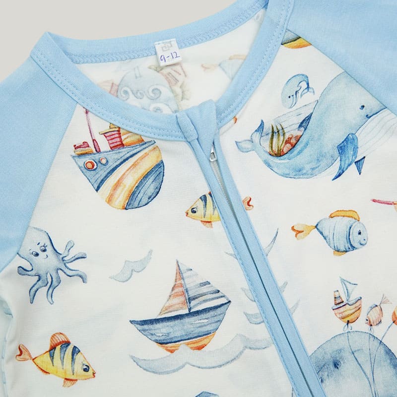 Custom Baby Long-Sleeved Long Pants Sleepsuits With Whale Pattern, Toddler Two-Way Zipper Sleepsuits With Feet Wholesaler-2316340086