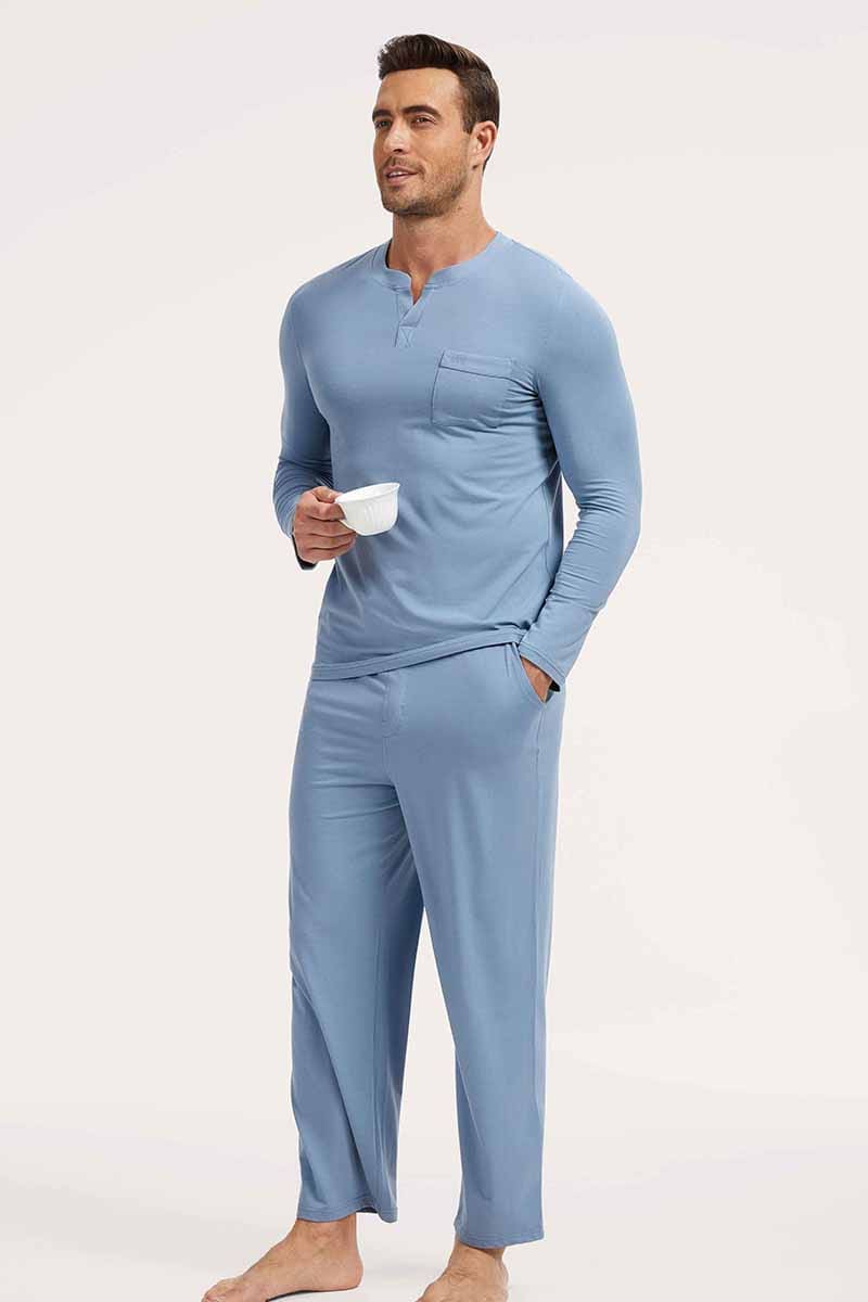 CustomIized Bamboo Cotton Men V-neck Long Pajama Set Factory