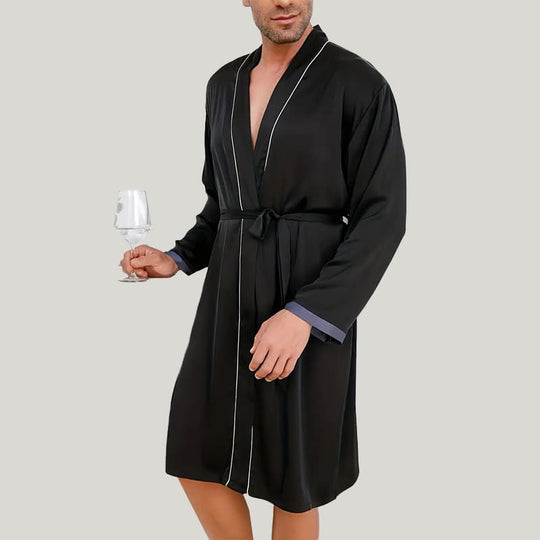 Comfortable And Breathable Men'S Piping Robe, Classic Solid Color Sleepwear With Tie Waist