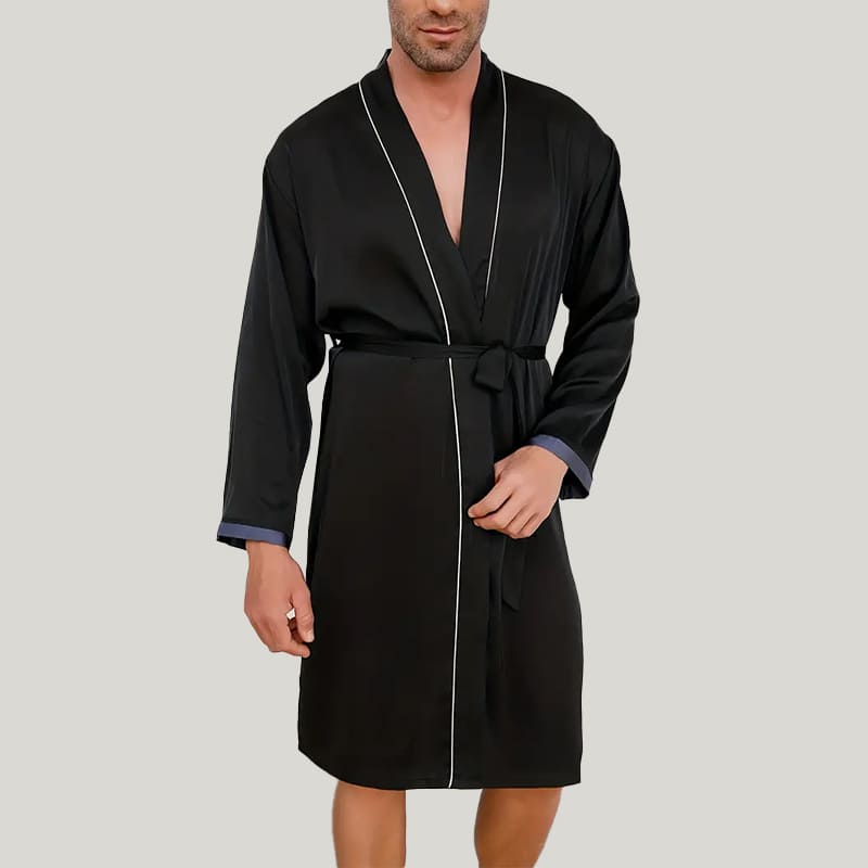 Comfortable And Breathable Men'S Piping Robe, Classic Solid Color Sleepwear With Tie Waist