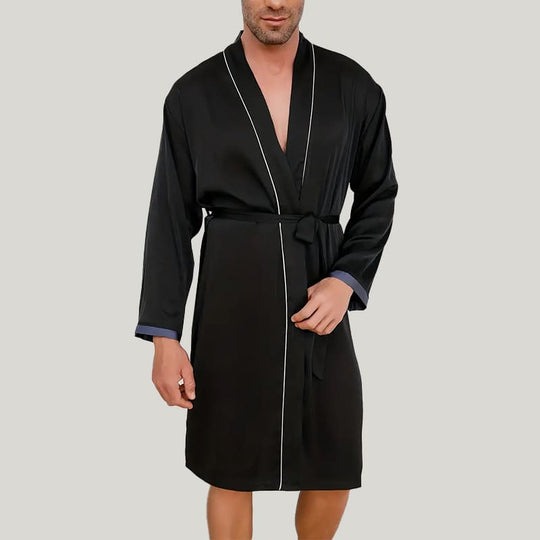 Comfortable And Breathable Men'S Piping Robe, Classic Solid Color Sleepwear With Tie Waist