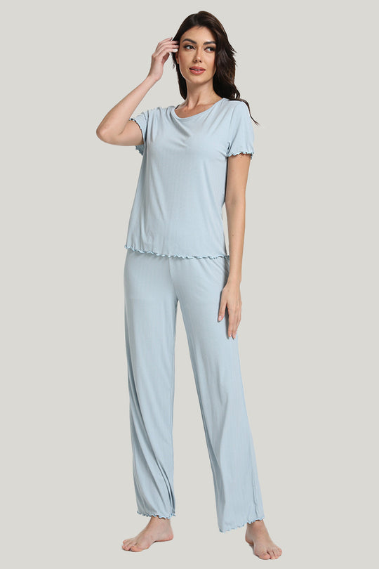 Comfortable And Breathable Women’s Knit Short-sleeve Long Pants Pajamas Set-2315980025