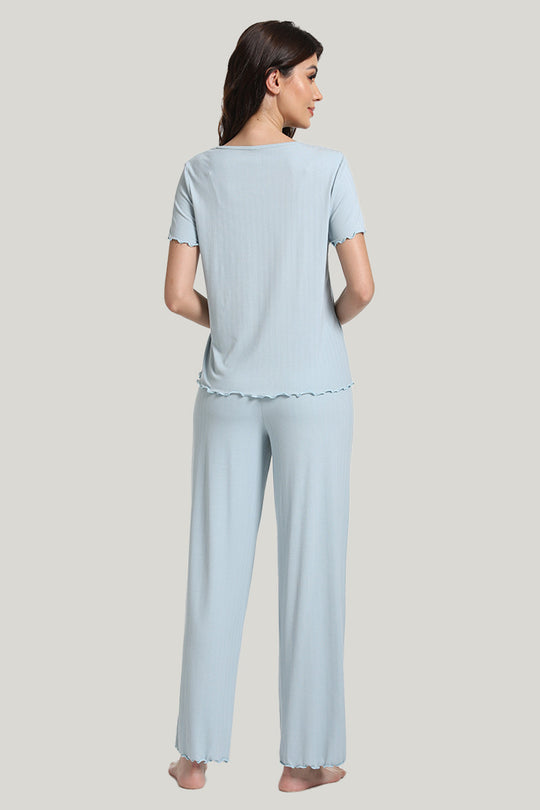 Comfortable And Breathable Women’s Knit Short-sleeve Long Pants Pajamas Set-2315980025
