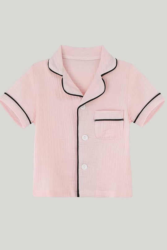 Children's Organic Cotton Piped Pajama Sets Pink Shorts Sleeves And Short Pants