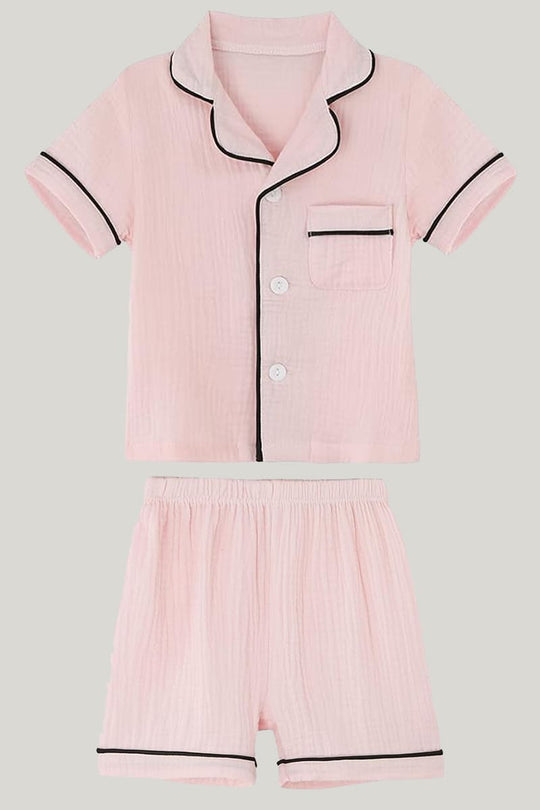 Children's Organic Cotton Piped Pajama Sets Pink Shorts Sleeves And Short Pants