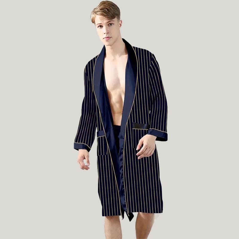 Luxury Classic Men'S Striped Robe, High Quality Lace Up Bath Robe With Pockets