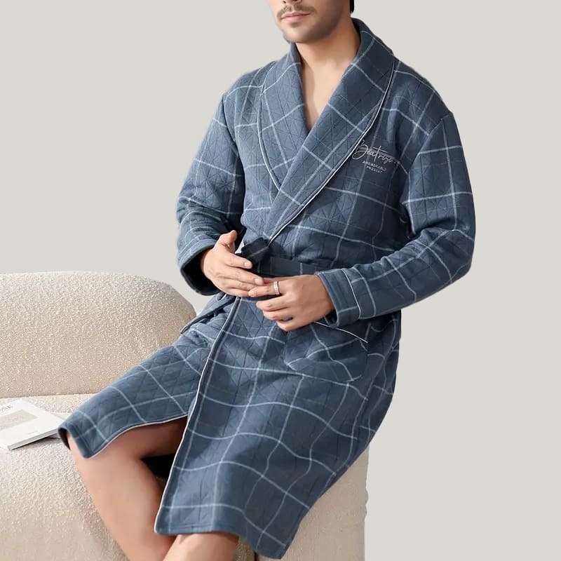 Men'S Plaid Bamboo Fiber Robe Checkered Warm Lace Up Bath Robe With Pockets
