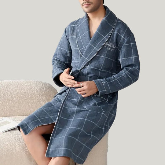 Men'S Plaid Bamboo Fiber Robe Checkered Warm Lace Up Bath Robe With Pockets