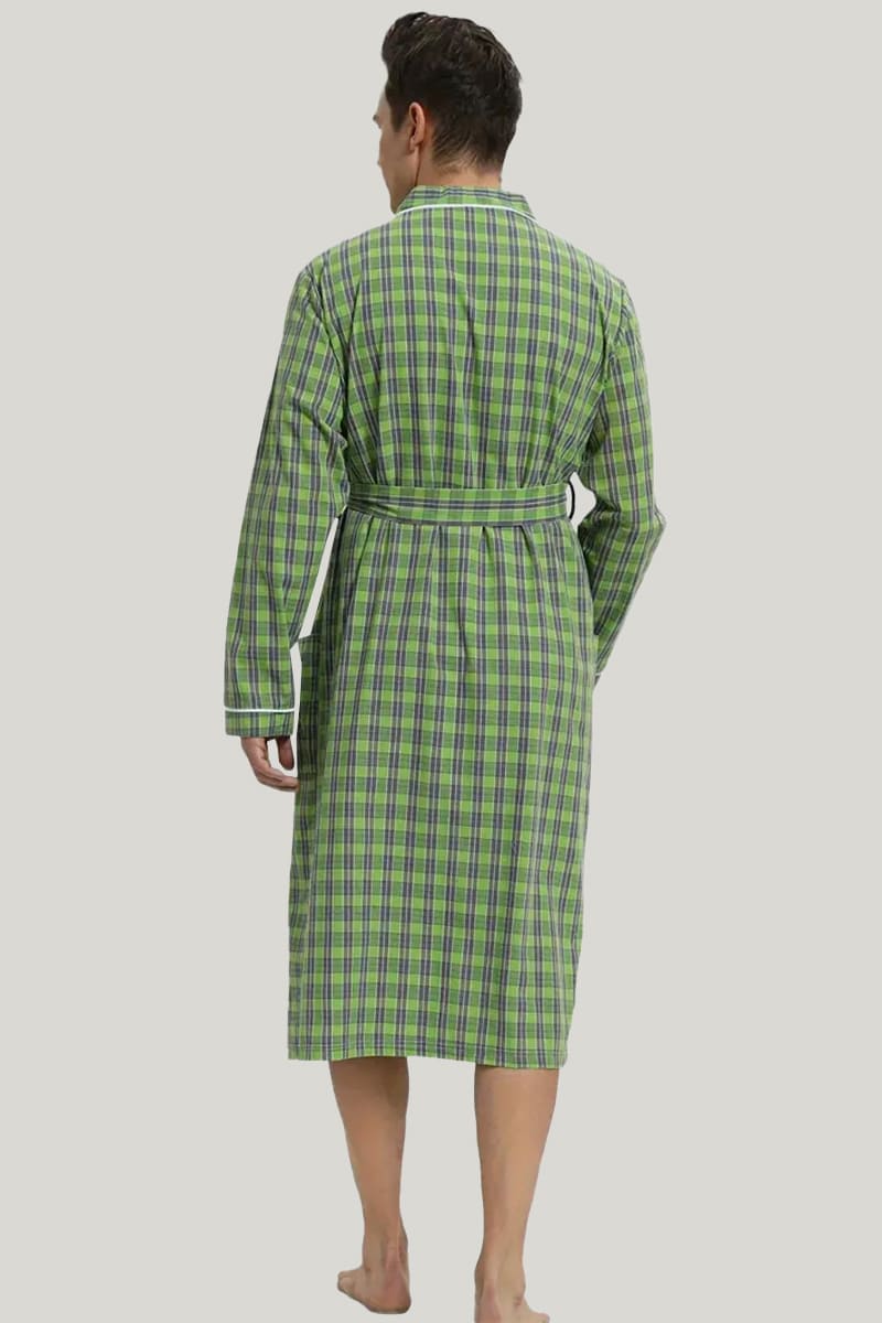 Comfortable And Breathable Men'S  Checkered Robe, Slim Sleepwear With Tie Waist And Pockets