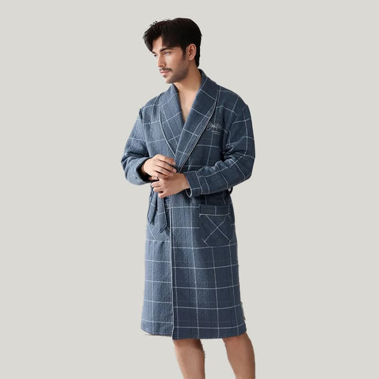 Men'S Plaid Bamboo Fiber Robe Checkered Warm Lace Up Bath Robe With Pockets