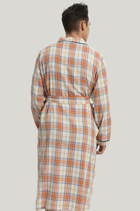 Comfortable And Casual Pure Cotton Men'S Checkered Robe, Classic Sleepwear With Tie Waist And Pockets