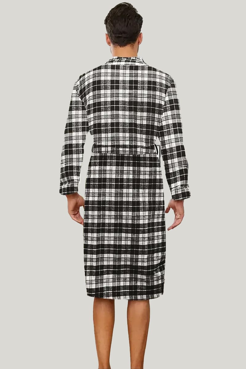 Comfortable And Casual Pure Cotton Men'S Checkered Robe, Classic Sleepwear With Tie Waist And Pockets