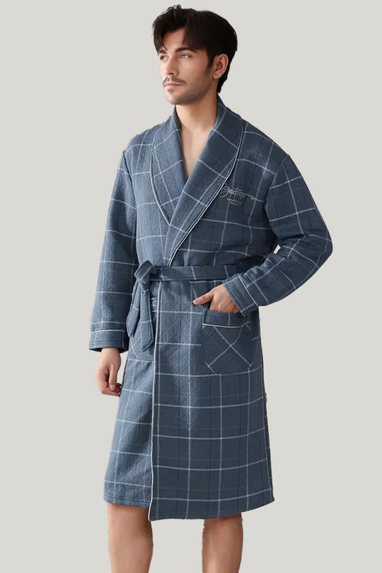 Men'S Plaid Bamboo Fiber Robe Checkered Warm Lace Up Bath Robe With Pockets