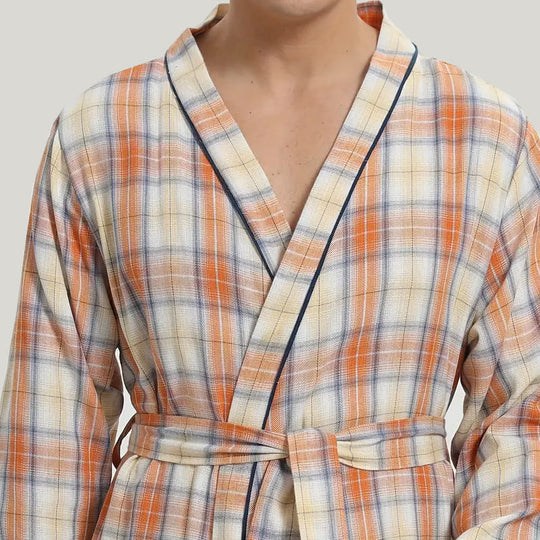 Comfortable And Casual Pure Cotton Men'S Checkered Robe, Classic Sleepwear With Tie Waist And Pockets