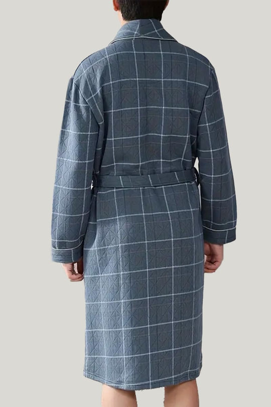 Men'S Plaid Bamboo Fiber Robe Checkered Warm Lace Up Bath Robe With Pockets