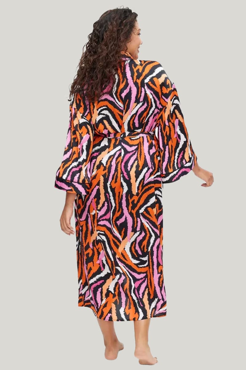 Women'S Beach Style Satin Long Robe, Zebra Print Long Sleepwear