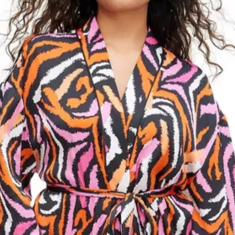 Women'S Beach Style Satin Long Robe, Zebra Print Long Sleepwear