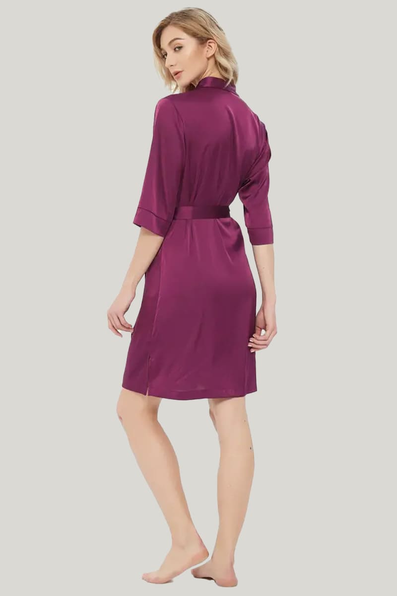 Women'S Solid Satin Short Robe And V-Neck With Belt, Silky Loungewear Dress