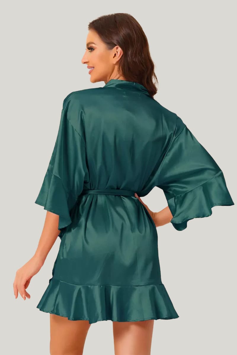 Women'S Solid Satin Short Robe And V-Neck With Belt, Silky Robe for Womens