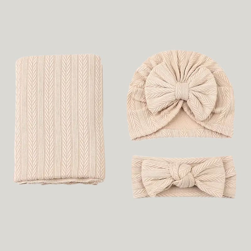 Skin-Friendly And Breathable Newborn Blanket Swaddle With Hat And Headband Bamboo Fiber Ribbed Wraps Three-Piece Set