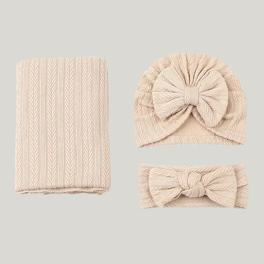 Skin-Friendly And Breathable Newborn Blanket Swaddle With Hat And Headband Bamboo Fiber Ribbed Wraps Three-Piece Set