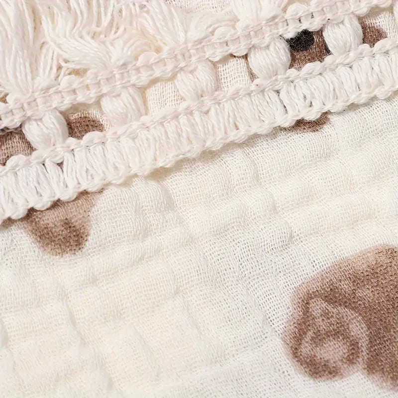 Double-Layer Thickened Newborn Blanket Swaddle With Tassel Comfy Cotton Gauze Blanket With Bear Pattern