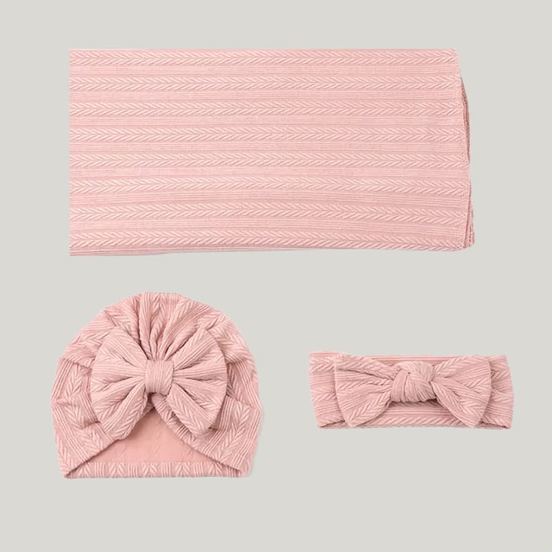 Skin-Friendly And Breathable Newborn Blanket Swaddle With Hat And Headband Bamboo Fiber Ribbed Wraps Three-Piece Set