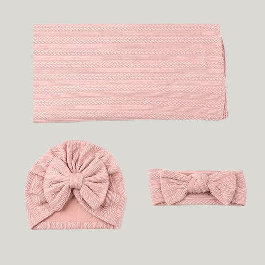 Skin-Friendly And Breathable Newborn Blanket Swaddle With Hat And Headband Bamboo Fiber Ribbed Wraps Three-Piece Set