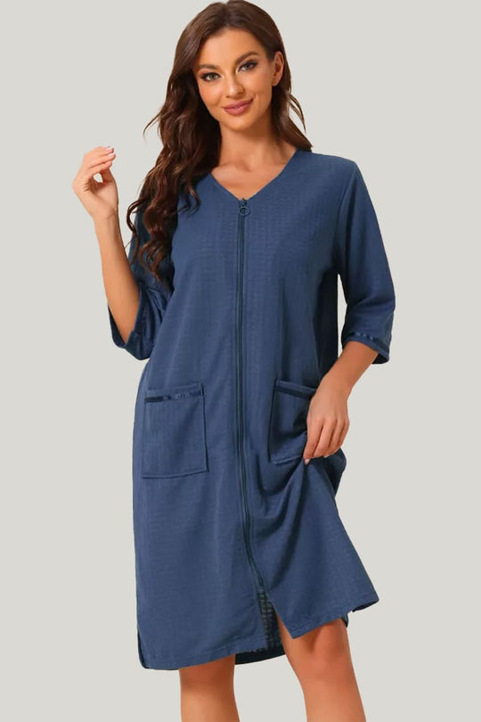 Loose And Comfortable Women'S Home Nightgown With Zipper Pocket Nightgown Robe